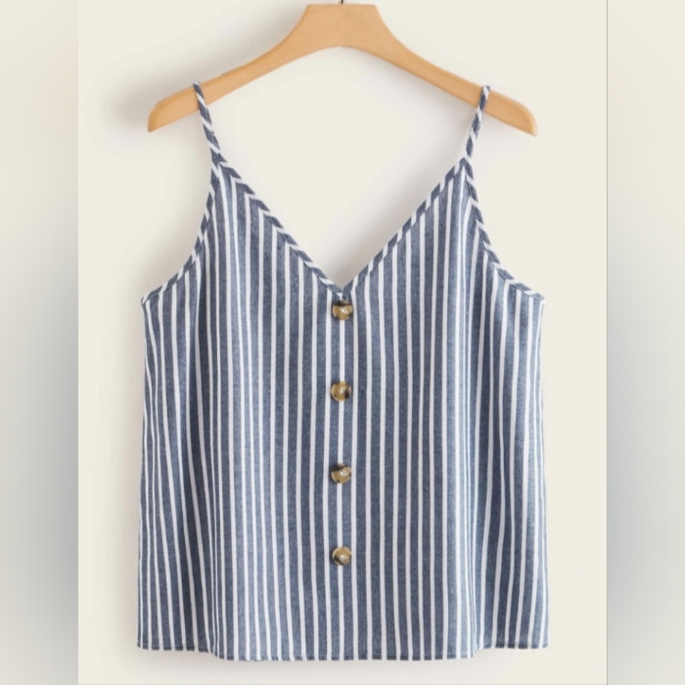 SHEIN 3X navy and white striped button tank top.